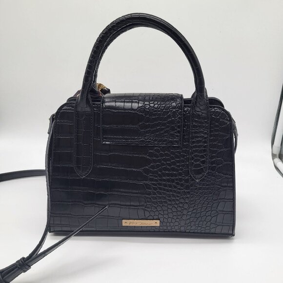 Betsey Johnson Black Satchel Crocodile Print Handbag Purse w/ Scarf Two Handle - Picture 3 of 11